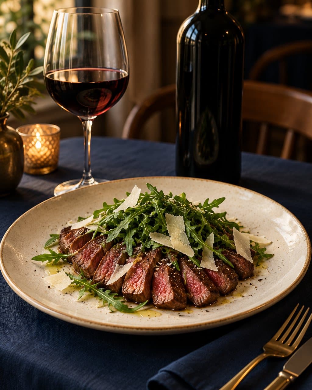 Een aangebraden tagliata van rund met rucola en parmezaan, met een glas rode wijn