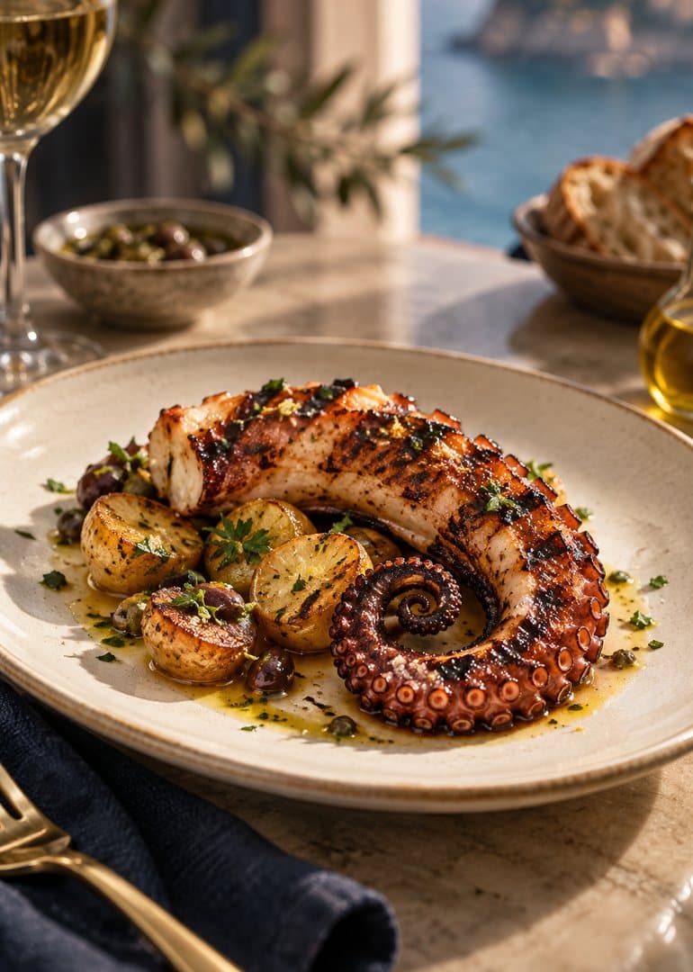 Een gegrilde octopustentakel met aardappelen en een glanzende saus
