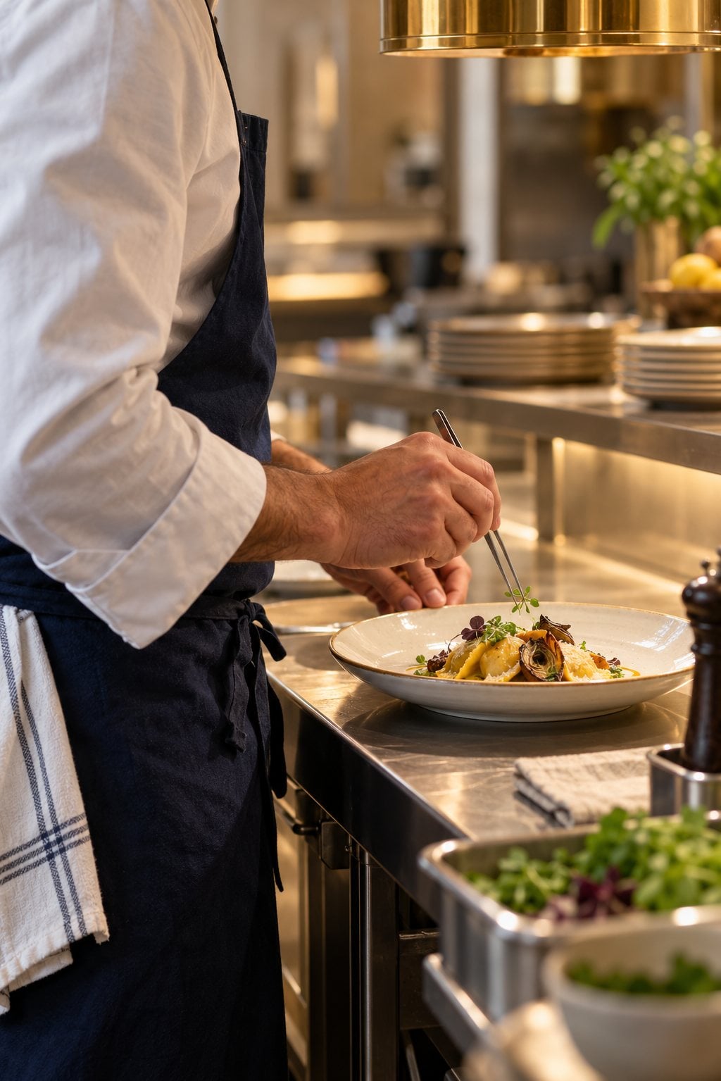 De chef, in witte jas en marineblauw schort, werkt een bord af aan de pass