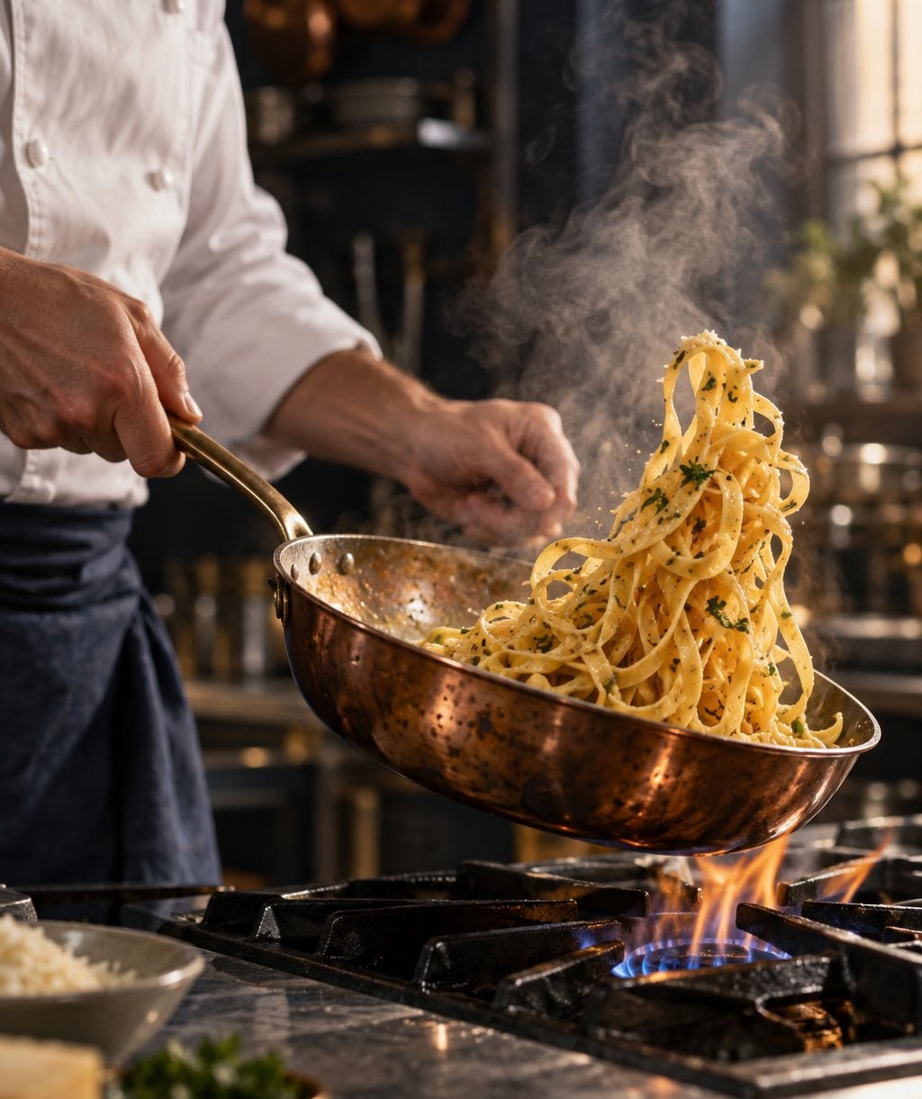 Verse tagliatelle die in de keuken uit de pan wordt getild