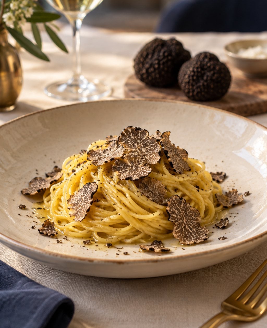 Een gerecht afgewerkt met geschaafde zwarte truffel, met hele truffels op de achtergrond