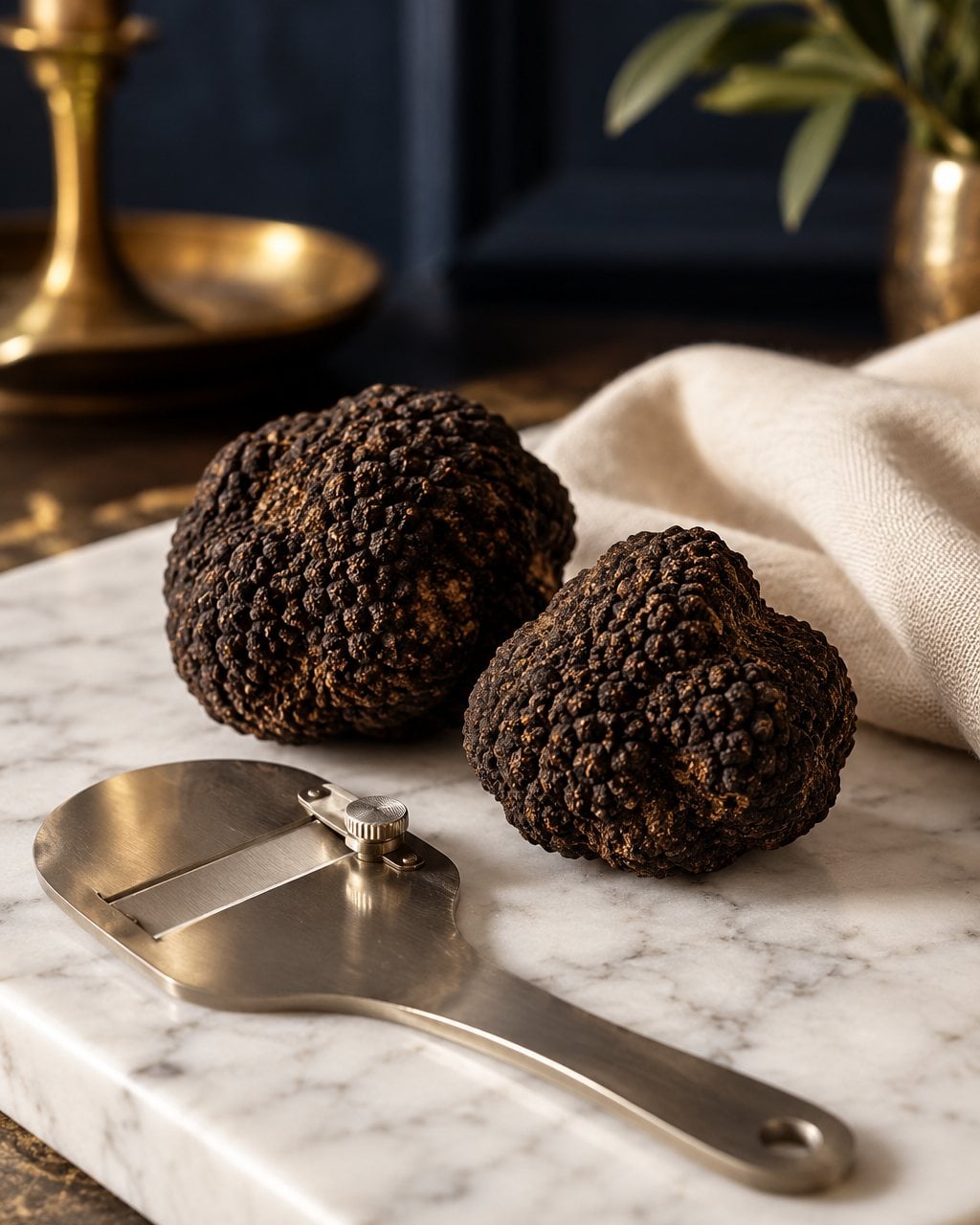 Twee zwarte truffels op een marmeren plank