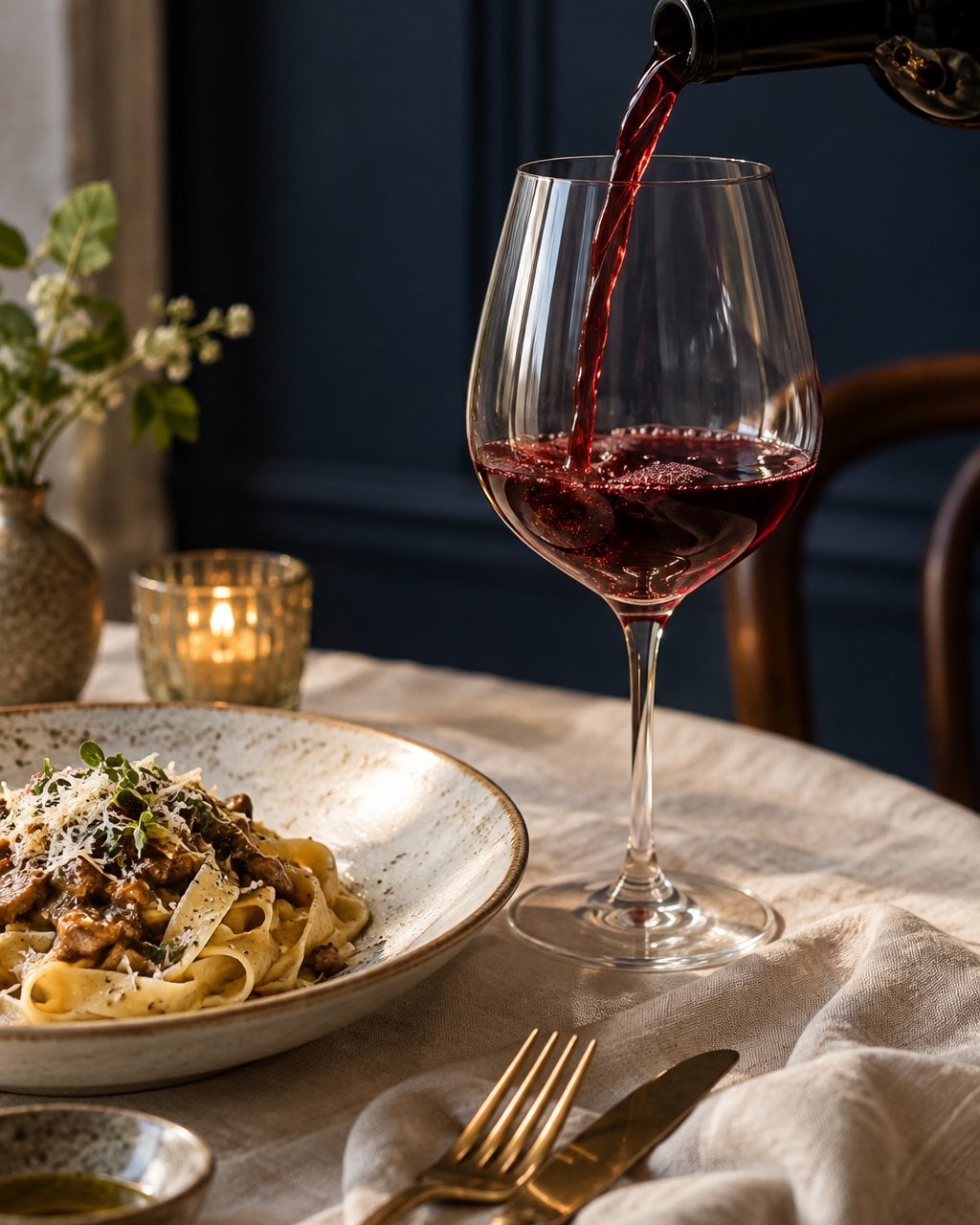 Rode wijn die naast een bord pasta in een glas wordt geschonken